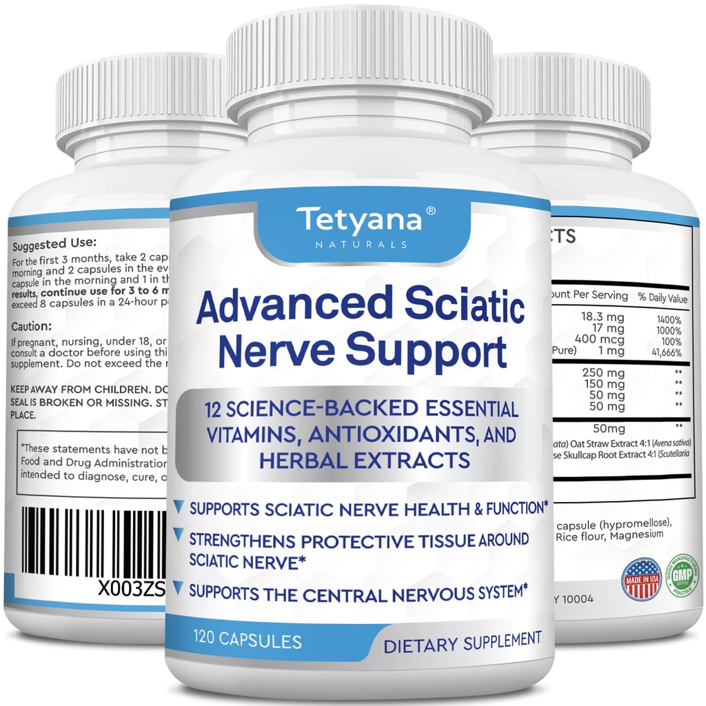 Advanced Sciatic Nerve Dukung Relief: Alpha Lipoic Acid Vitamin, Benfotiamine - 12 in 1 Sciatica Suplemen - 120 Capsule-30-60 - Dibuat di USA