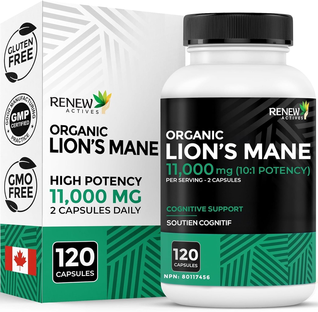 Renew Actions Premium Organic Lion Mushroom Mane 1100MG per 2 Kapsul - Mendukung Fungsi Otak, Memori, Fokus, Relief Stress & Immune Kesehatan, Non-GMO, Vegan - dibuat di Kanada - 120 Capsules