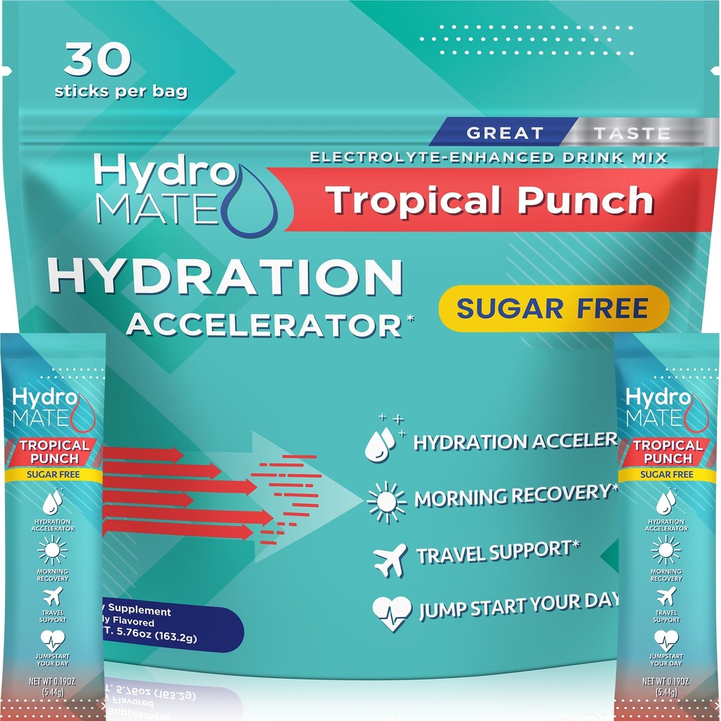 Electrolite Powder Sugar- Free Hydration Packet Tropical Punch HydroMATE 30 Sticks