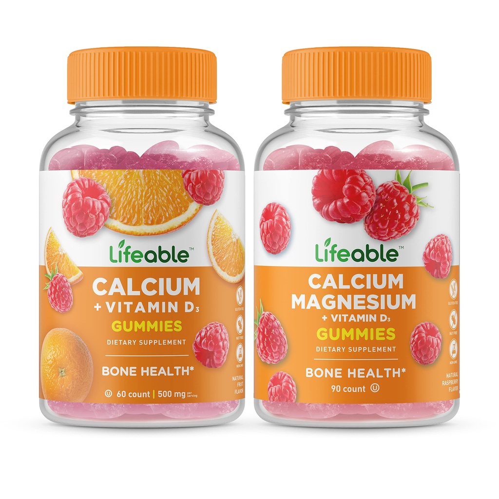 Lifeable Calcium dengan Vitamin D + Kalsium Magnesium, Gummies Bundle - Tasting Besar, Tambahan Vitamin, Gluten Bebas, GMO Bebas, Dapat Dicuci