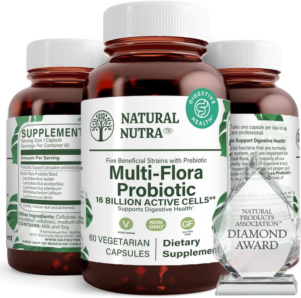 Natural Nutra Ultimate Flora Probiotic for Women and Men, Helling Impreasants Distraffilus, Contributes to Overall Health, Promotes Immune System, Multi- Strain with Lacleillus, Acidophilus, 60 Capsules