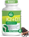 K2 D3 Vitamin Suplemen dengan BioPerine - Vegan Kalsium dengan Vitamin K dan D - Advanced D3K2 VIT 5000 IU - 60 Vegan D3 plus K2 MK-7 Kompleks Nutrasion Capsules for Heart & Bone Health (1