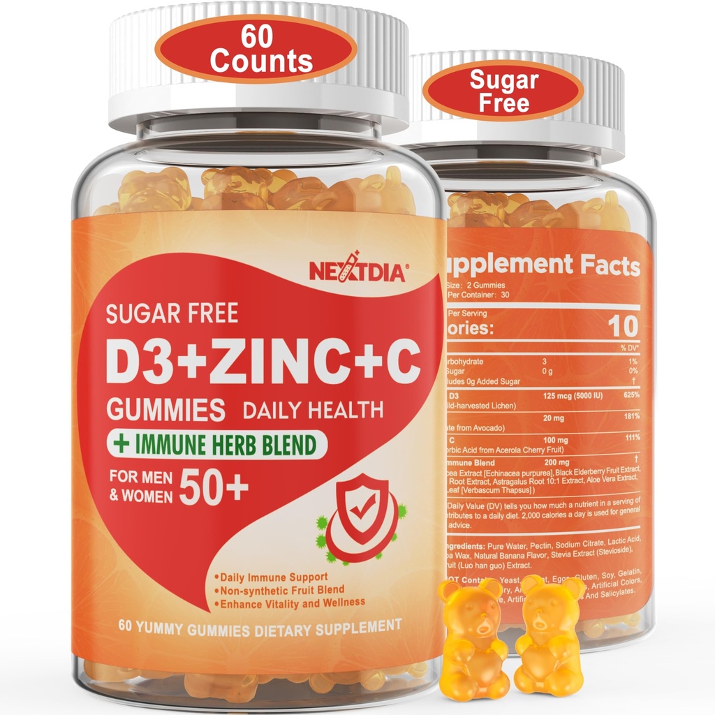 Sugar Free Vitamin C + D3 + Zinc Gummies for Adules 50 +, 9 in 1 Immune Defency Suplement with D3 5000IU, Elderberry, Echinacea, Mullein Leaf for Boost Imunity, Power Antioksidant, Vegan (Paket 1)
