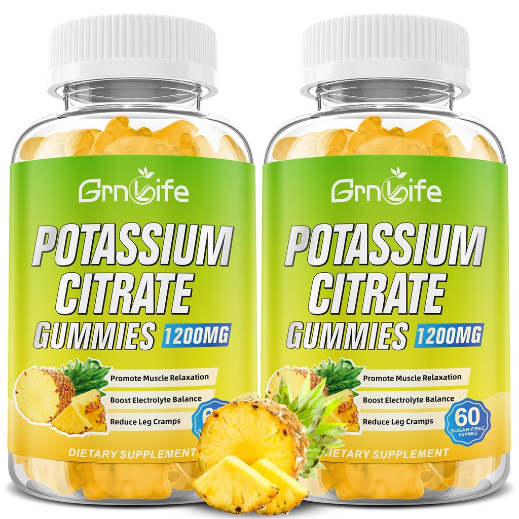 Potassium Citrate Gummies, Potasium Tinggi Tambahan Gummies 1200mg Dukungan Kram Kaki & Otot Kesehatan, untuk Dewasa & Anak-anak, Vegan, Pineapple Flavor 120 Count