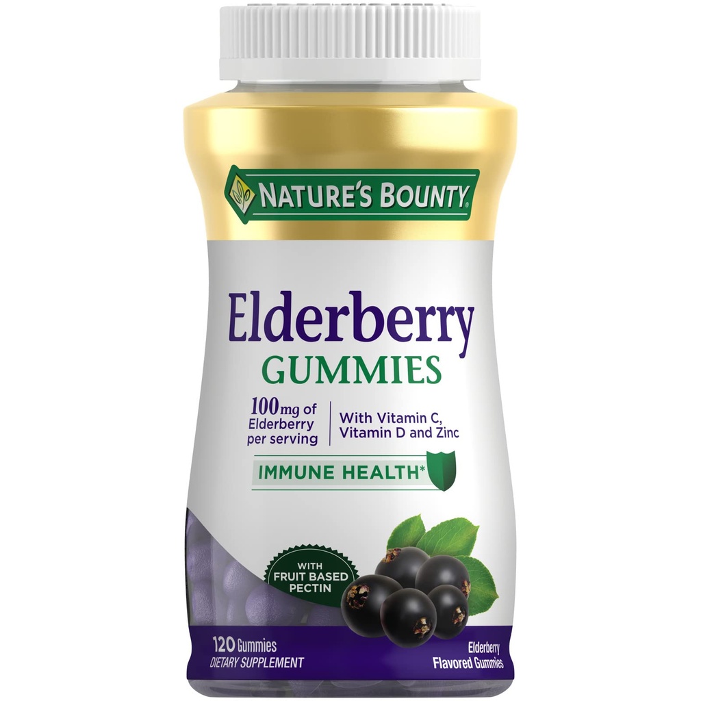 Nature 's Bounty Elderberry Gummies, Dietary Supplemen, Support Immune Health, Berisi Vitamin A, C, D, E dan Zinc, 100 mg, 120 Gummies