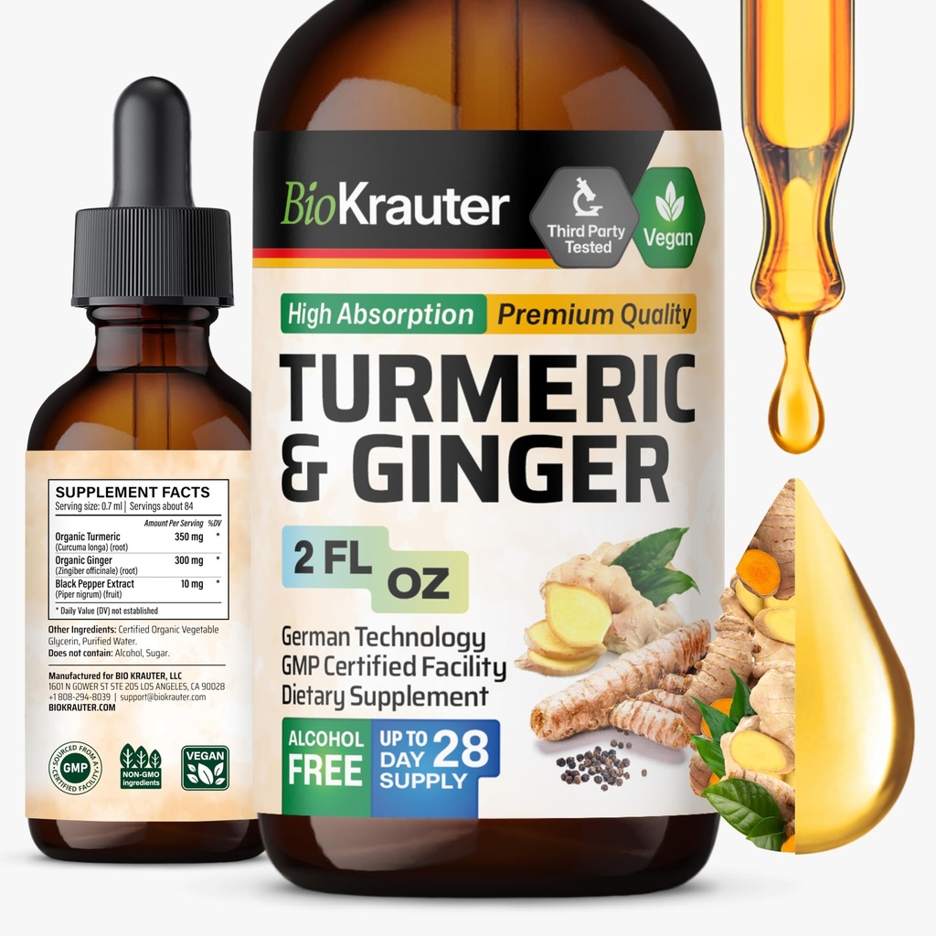 BIO KRAUTER Turmeric dan Ginger Supplement Tincture - Turmeriic Curcumin Ammune Drops - Ginger Extract with Black Pepper - Vegan Formula - 2 Fl.Oz.