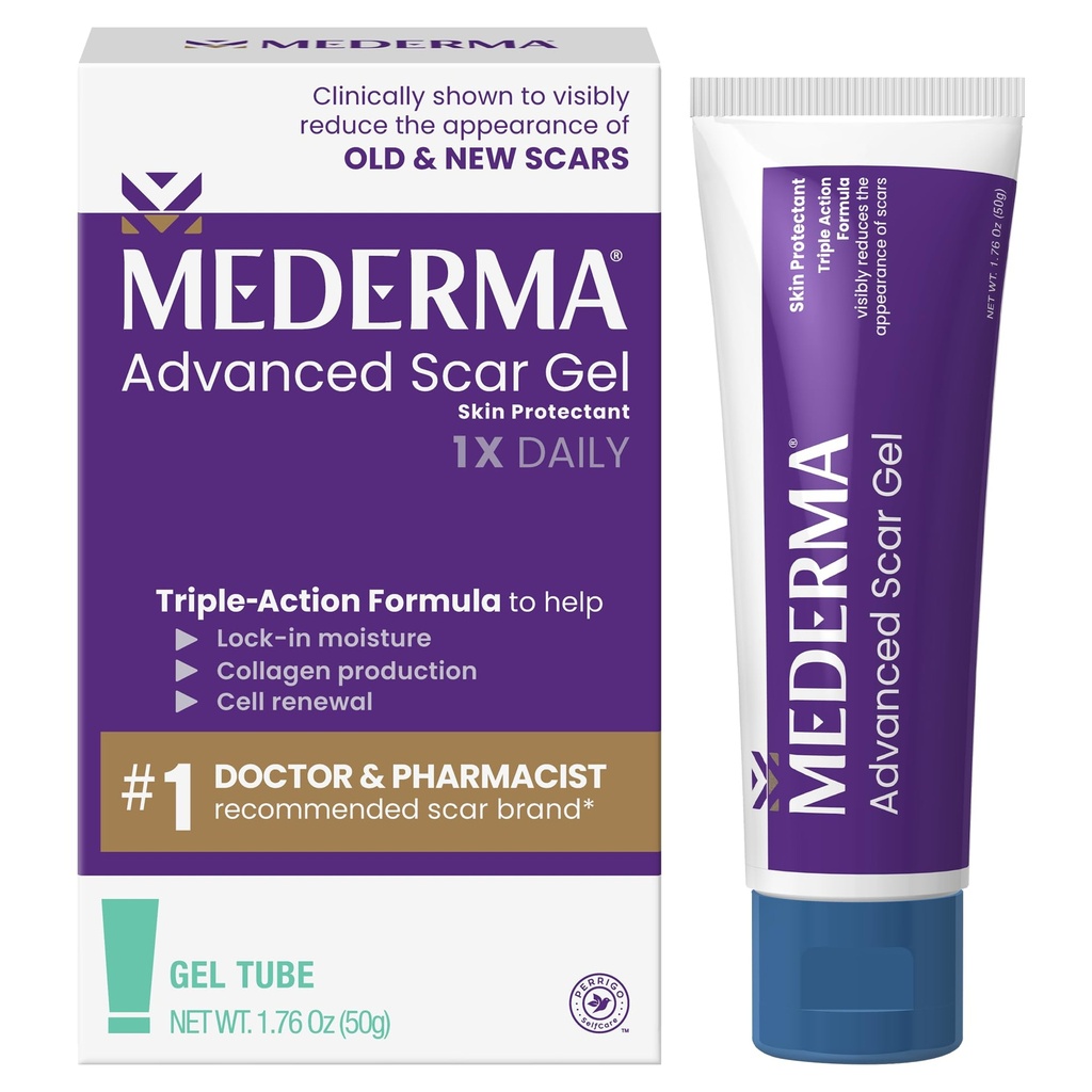 Mederma Advanced Scar Gel - Treats Old & New Scars, Reduces of Skies from Acne, Bedah, Burns, Injury & Stretch Marks, 1.76 Oz (50g)