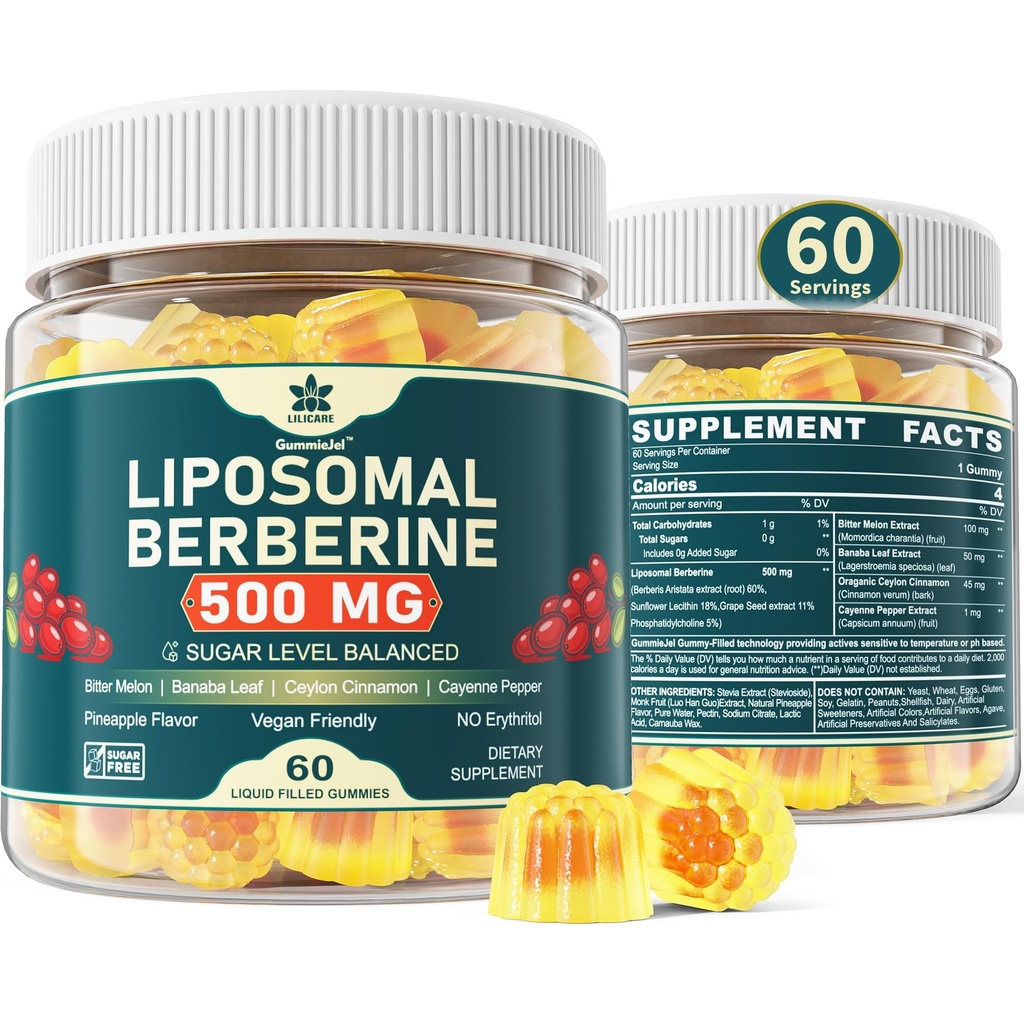 Suplemen Berberine 500mg, Sekali Harian, Lipomal Gummies dengan Cinnamon Ceylon, Bitter Melon, Banaba Leaf untuk Metabolisme Balansia, AMPK Aktivator, Absorpsi Tinggi, Sugar Free, Vegan, 60 Cts