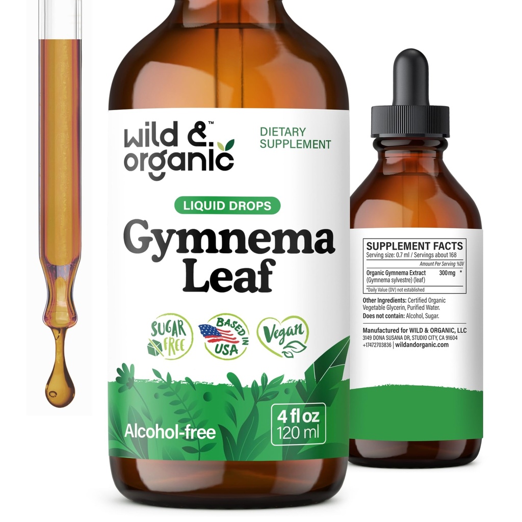 Wild & Organic Gymnema Sylvestre Extracre Drops - Sugar-Free Gymnema Sylvestre Suplemen - Gurmar Powder Based Tincture - Vegan, Alcohol- Free Leaf Liquid Drops - 4 fl oz