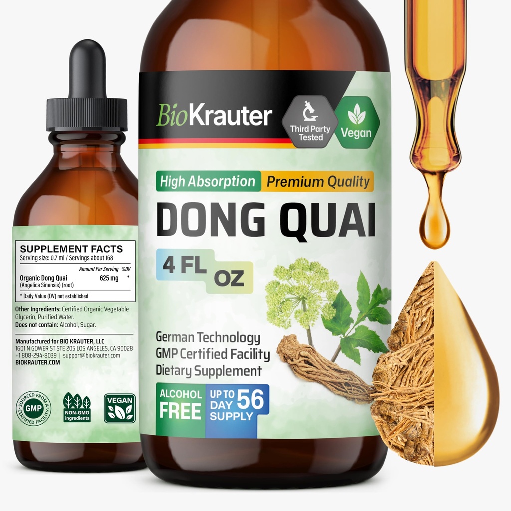 BIO KRAUTER ® Menopause Suplemen untuk Perempuan * - Dong Quai Drops 4 Fl.Oz 56 Days of Supply - Vegan Angelica Root Tincture for Menopause Support - Alkohol & Sugar Free - Relaxation & Women 's Wellness