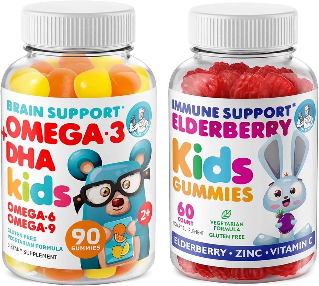 DR. MORITZ Cardio & Imune Boost Duo - Anak Omega 3 Gummies (90 Cacah) dengan Elderberry Gummies untuk Anak (60 Cacah)