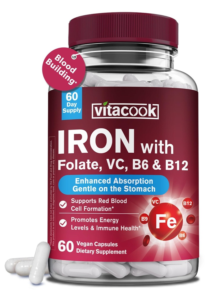 Tambahan Besi bagi Perempuan & Pria, Besi Bisglycinate dengan Vitamin C, B6, B12, Folate, Stomach Friendly, Non-Constipating, Blood Health Boost, 60 Vegan Caps