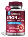 Tambahan Besi bagi Perempuan & Pria, Besi Bisglycinate dengan Vitamin C, B6, B12, Folate, Stomach Friendly, Non-Constipating, Blood Health Boost, 60 Vegan Caps