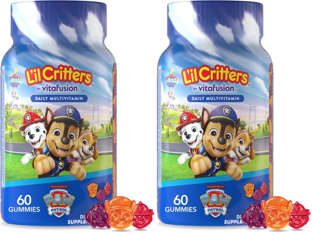 L 'il Critters Paw Patroli Gummy Vites Daily Gummy Multivitamin untuk Anak-anak, Vitamin C, D3 untuk Dukungan Imune Cherry, Orange dan Blueberry Flavors, 60 Gummies (Paket 2)