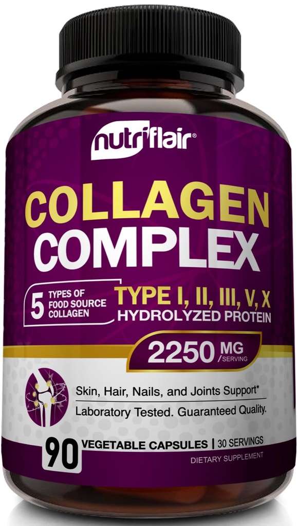 NutriFlair Multi Collagen Peptides 2250mg, 90 Capsules - Tipe I, II, III, V, X - Collagen Suplemen Powder Pill untuk Perempuan dan Pria - Protein Hidrolyzed, Rambut Berat, Skin, Nails - Non-GMO