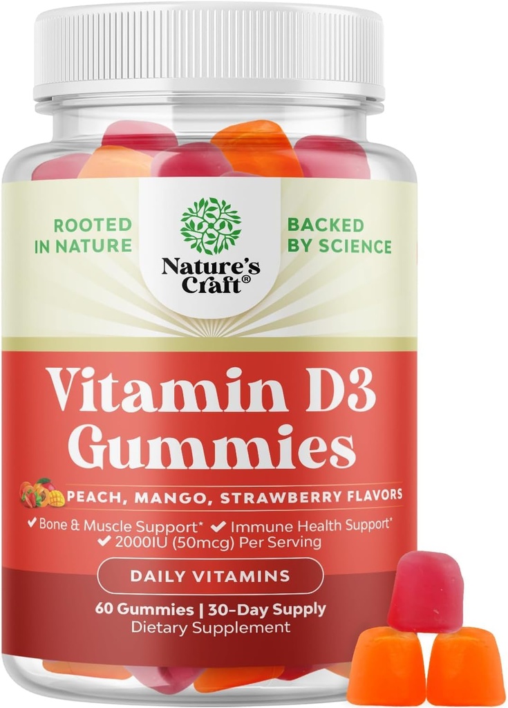 Natures Craft Vitamin D3 Gummies for Daily Wellness - Delicious D Dewata dengan 2000IU per Serving Bone Muscle & Imune Dultin Gluten Free (30 Hari Supply)