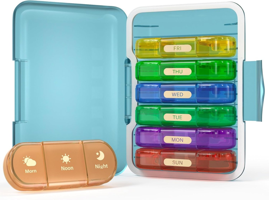 Weekly Pill Organizer 3X sehari, 7 Day Pill Box 3 Times, Portable for Travel Pill Case for Pills / Vitamin / Fish Oil / Medication (3x7 Blue + Rainbow)