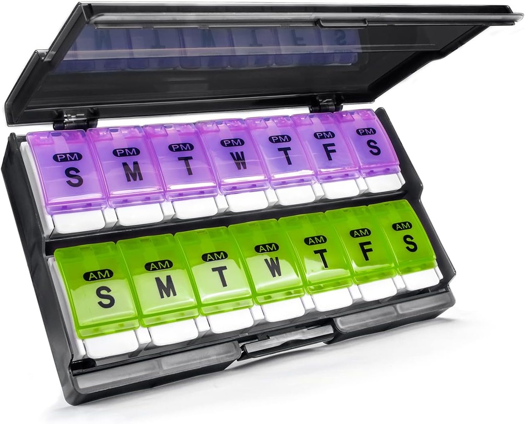 Ekstra Large Weekly Pill Organizer 2 Kali sehari - Rimoct Am / Pm Daily Case Medicine Organizer, Push Tombol 7 Day Pill Box for Pills / Vitamin / Cod Liver Oil / Suplemen (Purple & Green)