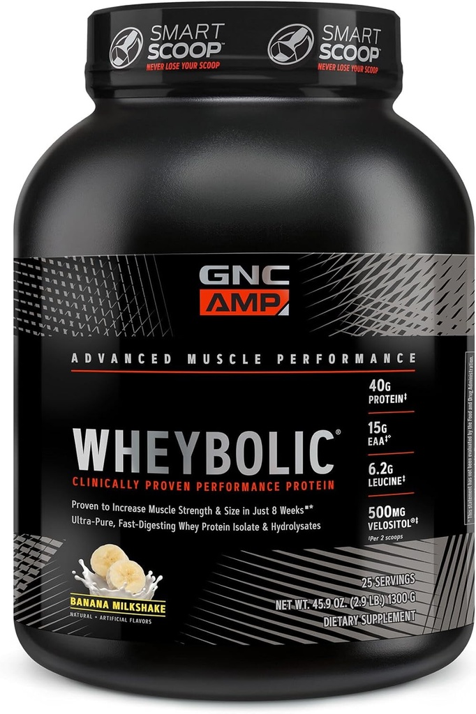 GNC AMP Wheybolic Clinically Proven Protein Powder, 40g Whey Protein, BCAA, Leucine, Increases Muscle Strength, Muscle Building, 3rd Party Tested, Gluten Free, Banana Milkshake, 25 Serbu