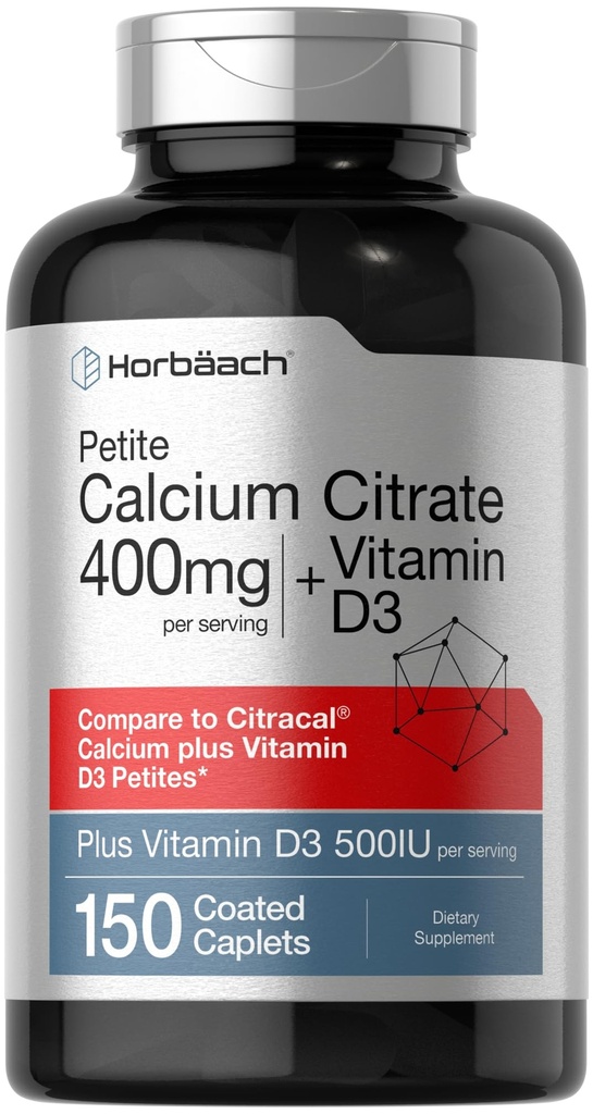 Horbäach Calcium Citrate dengan Vitamin D3 124; 150 Petite berlapis Caplets; Tambahan untuk Pria dan Wanita; Vegetarian, Non-GMO & Gluten Bebas