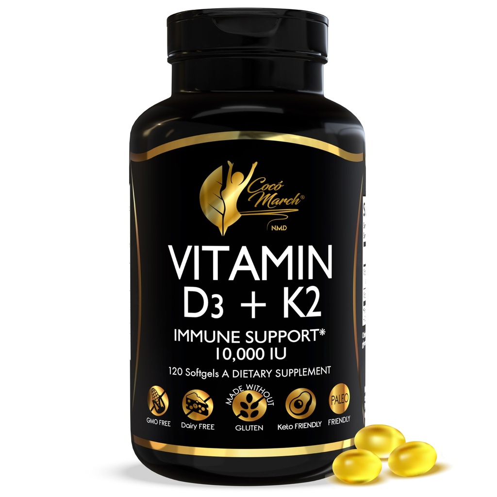 Cocvez March N.M.D Vitamin D3 + K2 10,000 IU - Suplemen Potency Tinggi bagi Perempuan & Men, Hammune Dukungan, Bone & Joint Health - Free, Non-GMO, 4 Bulan Supply, 250 mcg D3, 180 mcg of Vitamin K2