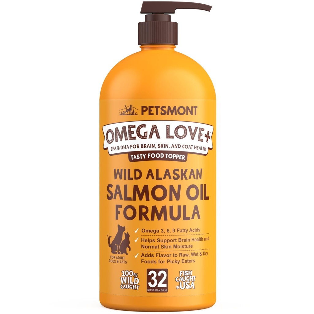 Petsmont Omega Love + Wild Alaska Salmon Oil for Dogs Formula 32 oz - Fish Omega Liquid Pompa Cat Support Joint Immune Heart Health Food Supplemen Pets Natural EPA DHA Fatty Acids