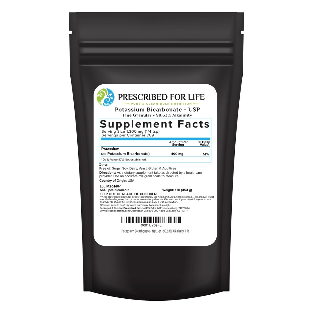 Prescripted for Life Powder Bicarbonate Powder, Pure USP & Food Grade Bicarbonate for Plants, Winemaking, & Baking, Crystalline Powder, 39% K (11b)