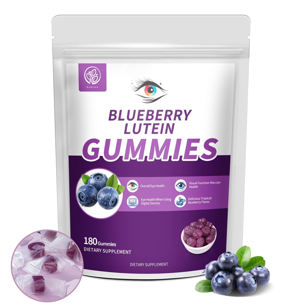 Blueberry Lutein Eye Vitamin Gummies dengan 180 Count - 3 Bulan Supply, Vegan Eye Health Supplement for Kids and Adult, Lutein Gummies for Vision Clarity and Blue Light Support