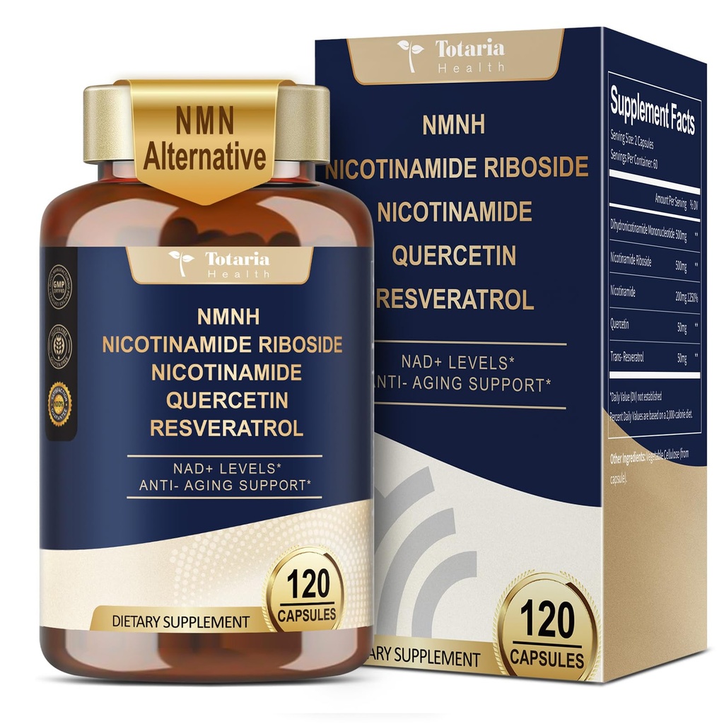 Totaria NMNH (Dihidronicotinamide), NMN Suplemen Alternatif w / Niacinamide (Vitamin B3), Quercetin, Trans- Resveratrol, Dukung NAD +, Skin Cell Health *, Anti- Aging & Energy, 120 Caps