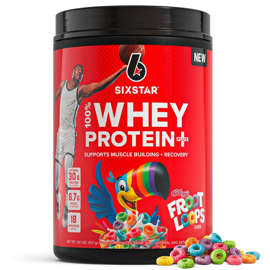 Enam Bintang Whey Protein Powder Plus - Bangunan Muscle & Recovery Formula dengan Whiy Isolate Powder, BCAAs, 30g Protein, Imune Dukungan - Pasokan Kerja - Kellogg Loops Flavor, 1.8 pon