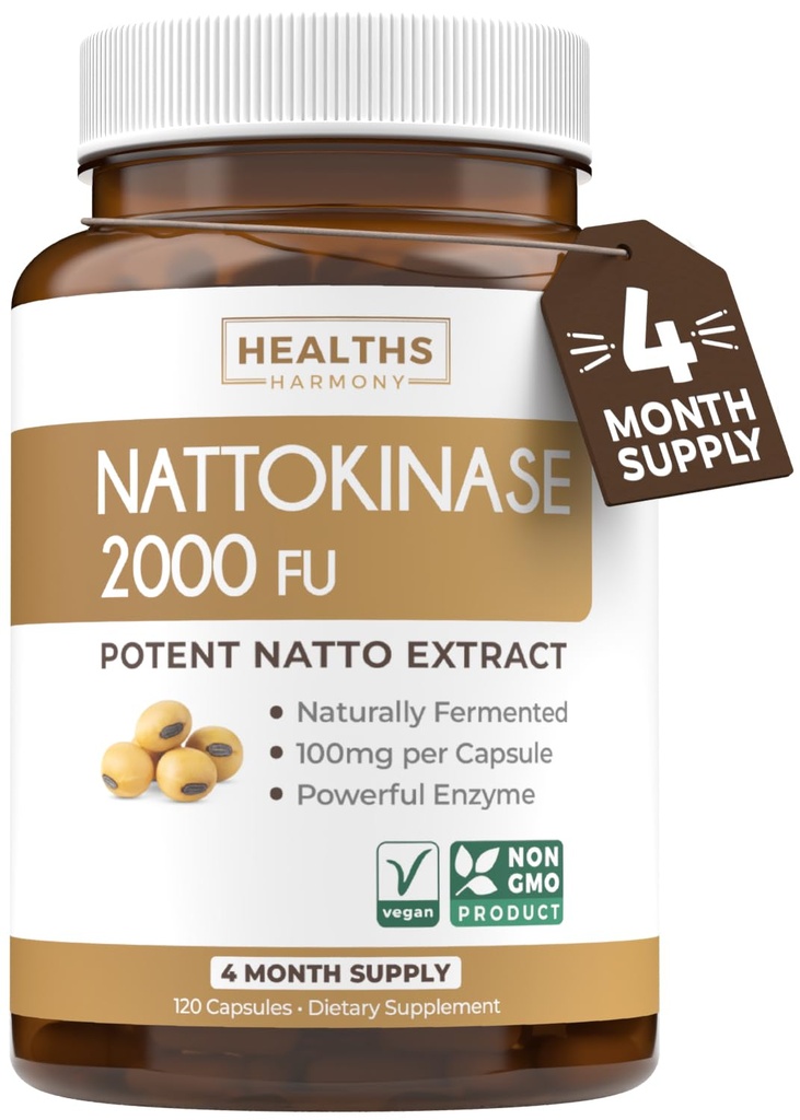 Healths Harmony Nattokinase 2000 FU (Non- GMO) Suplemen Nattokinase Terkuat Dibuat dari Soybeans Berfermentasi Alami - (4 Bulan Supply) 120 Vegan Natto Capsules