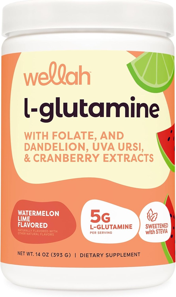 Wellah L- Glutamine Powder Semangka (50 Pelayan) - 5g L- Glutamine Per Serving, Dipermanis dengan Stevia