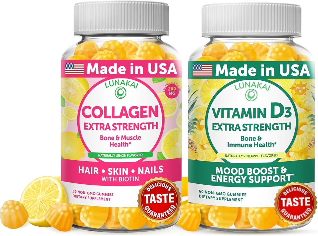Lunakai Collagen dan Vitamin D3 Gummies Bundle - Non- GMO Suplemen Anti Aging untuk Pria & Women - Imunity, Bone dan Mood Dukungan Gummy untuk Dewasa - 30 Hari Suppply