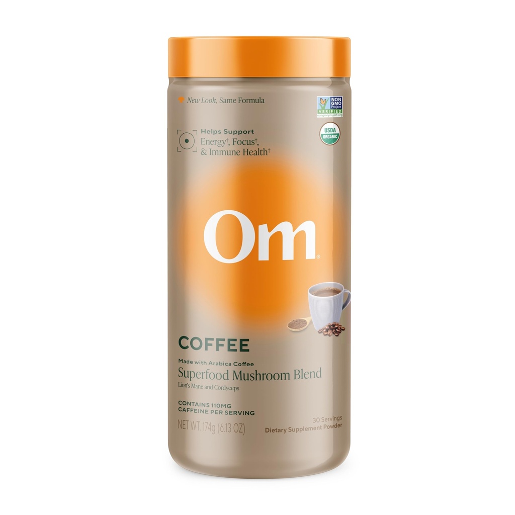 OM MUSHROOM SUPERFOOD Coffee Blend - Organic Arabica with Lion 's Mane, Cordyceps, Reishi, Turkey Tail & Ginkgo - Supports Energy, Focus & Clarity - 6.24 oz Canister (30 Pelayan)