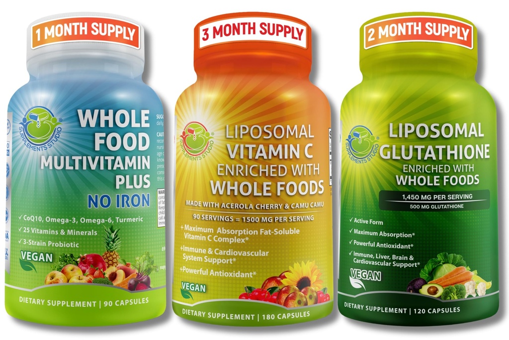 Imune & Daily Wellness Dukung Bundle for Women & Men - Lipomal Vitamin C 1500mg + Vegan Whole Food Multivitamin No Iron + Lipomal Glutathione 500mg - Vegan, Non- GMO, Clean Daily Wellness Support