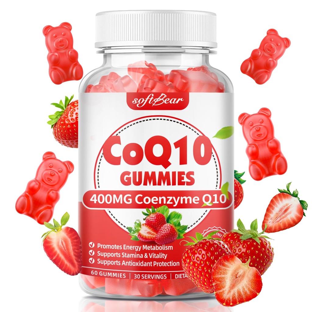 Softbear CoQ10 Gummies 400mg Coenzim Q10 Suplemen untuk Dewasa, Tinggi Absorpsi coq10 plus Omega-3, Magnesium, Vitamin B3 & Zinc untuk Cellular Energy & Antioksidant, Strawberry Flavor 60 Count