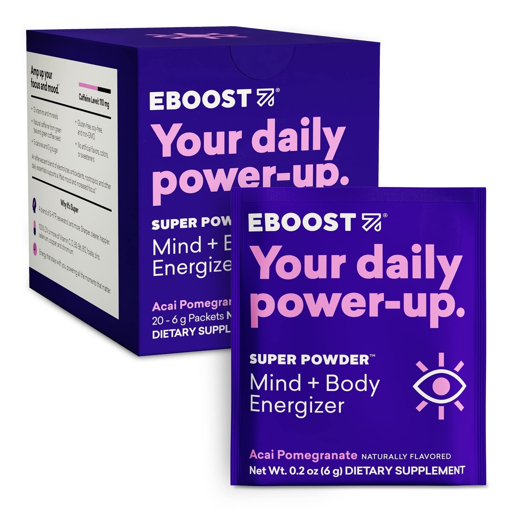 EBOOST Super Energy Powder Mix, Non- GMO Electrolite Supplement Loaded with Vitamin (Acai Pocate), 0.2 Ounce (Paket 20)