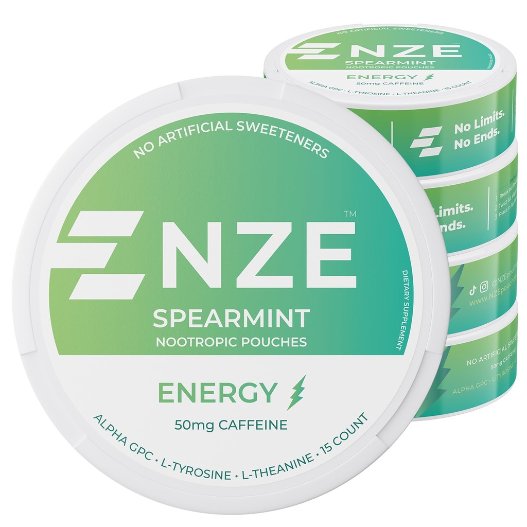 NZE Caffeine Nootropic Pouches (Spearmint) - Pouches Energi dengan 50mg Caffeine, Alpha GPC, L-Tyrosine & L- Theanine dengan No Sugar atau Mantificial Sweeteners - 15 Pouches Per Can - 5 Pack