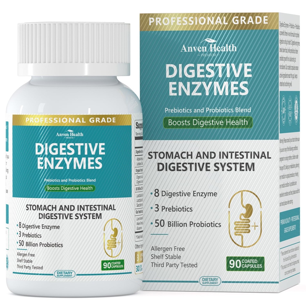 800mg Digetical Enzymes for Men and Women with Progorious & Organic Pregities, 8 Key Enzymes, Protease, Amylase & Lipase for Bloating, Gas Relief, Non-GMO 124; 90 Capsules