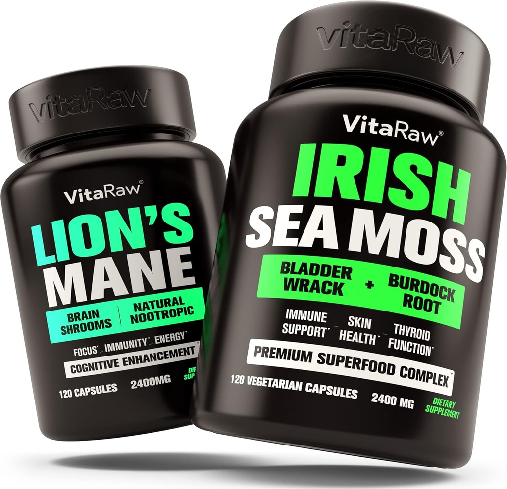 Limons Mane Mushroom + Irish Sea Moss - Brain Booster Memory & Energy + Ammune Dukungan, Gabungan & Thyroid dan Gut Health