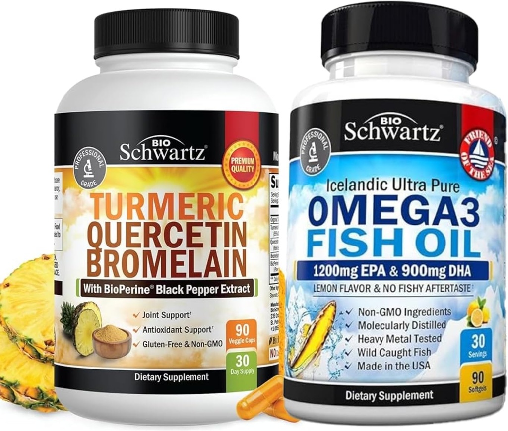 Turmeric Quercetin dengan Tambahan Bromelain (1 Bulan Supply) Ditambah Triple Kekuatan Omega 3 Ikan Softgels (Persediaan 1 Bulan)