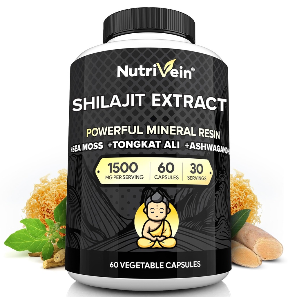 Nutrivein Premium Pure Himalaya Shilajit for Men and Women - 1500 mg - 60 Capsules - Extract Resin Kuat Dicampur dengan Es Laut Irlandia, Tonkat Ali, & Ashwagandha - Vitalitas, Kejelasan, & Performance