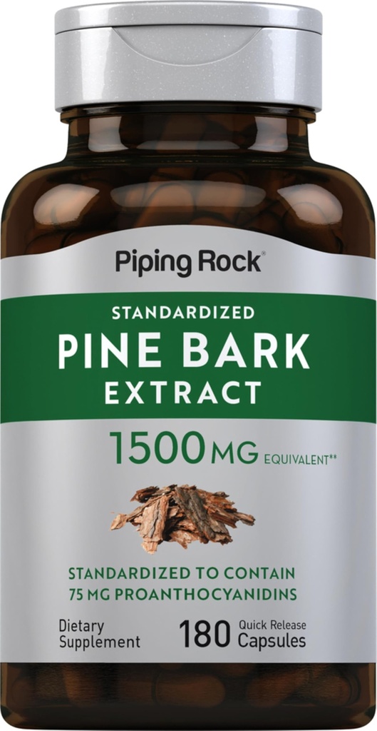 Piping Rock Pine Bark Extract Capsules 124; 1500mg 124; 180 Count 124; Non- GMO, Gluten Free Suplemen