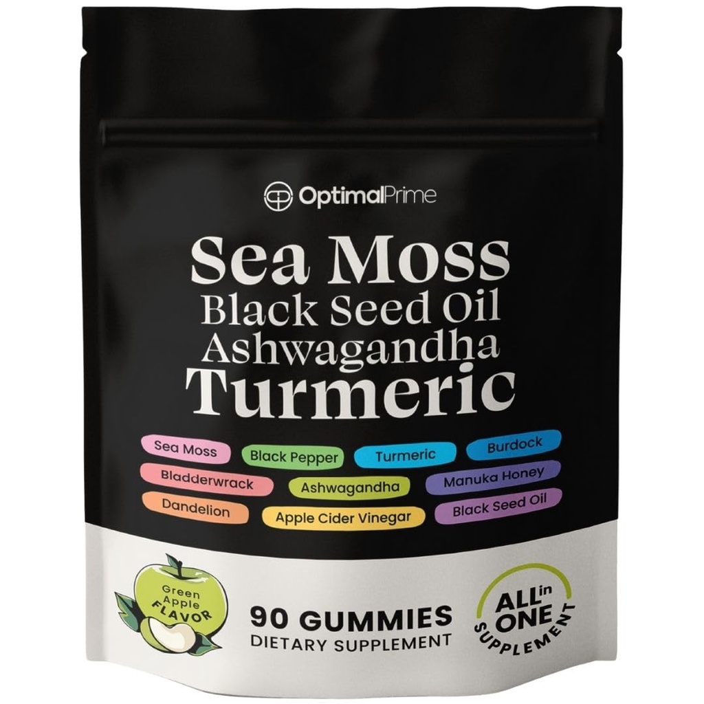 Optimal Prime Sea Moss and Black Seed Oil Gummies, Ashwagandha, Turmeric, Manuka Honey, ACV, Dandelion, Black Pepper, Burdock, Bladderwrack, Vegan, 90 Gummies 45 Day Suppply