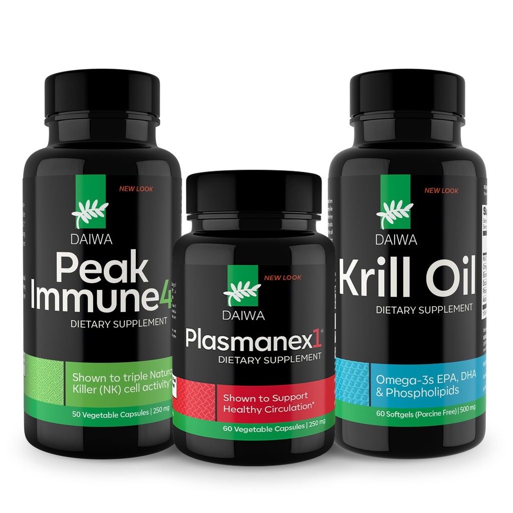 Daiwa Peak Immune 4 - Natural Immune System Booster + Plasmanex 1 - Blood Circulation + Krill Oil - Omega 3 Krill Oil Kapsul