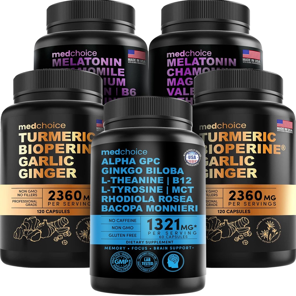 MEDCHOICE Turmeric & Ginger (240ct), Sleep Melonatin (180ct), and Nootropic Brain (60ct) Suplemen Bundle - Wellness Trio for Brain, & Imune Dupport - Vegan, NON-GMO, Gluten- Free