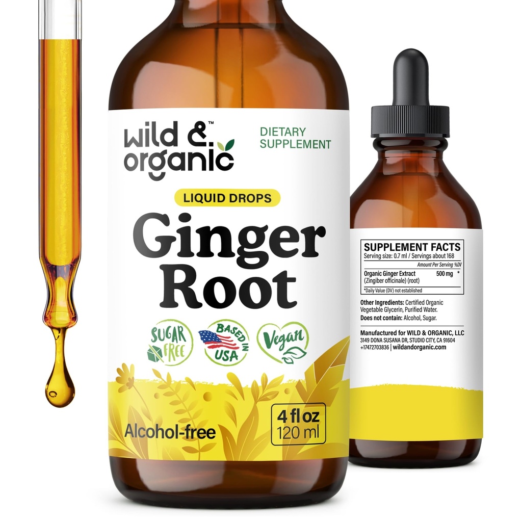 Wild & Organic Ginger Root Extract Drops - Immune & Digetical Suplemen - Liquid Ginger Suplemen - Vegan, Sugar & Alcohol- Free Tincture - 4 fl oz
