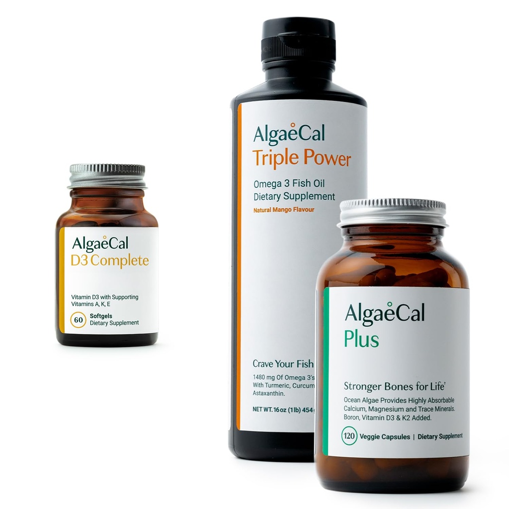 ALGAECAL Bundle - Vitamin D3 Complete (1000 IU) + Vitamin K2, E & A & Plant - Based Calcium for stronger Bones & Fish Oil Omega 3 1200mg EPA DHA