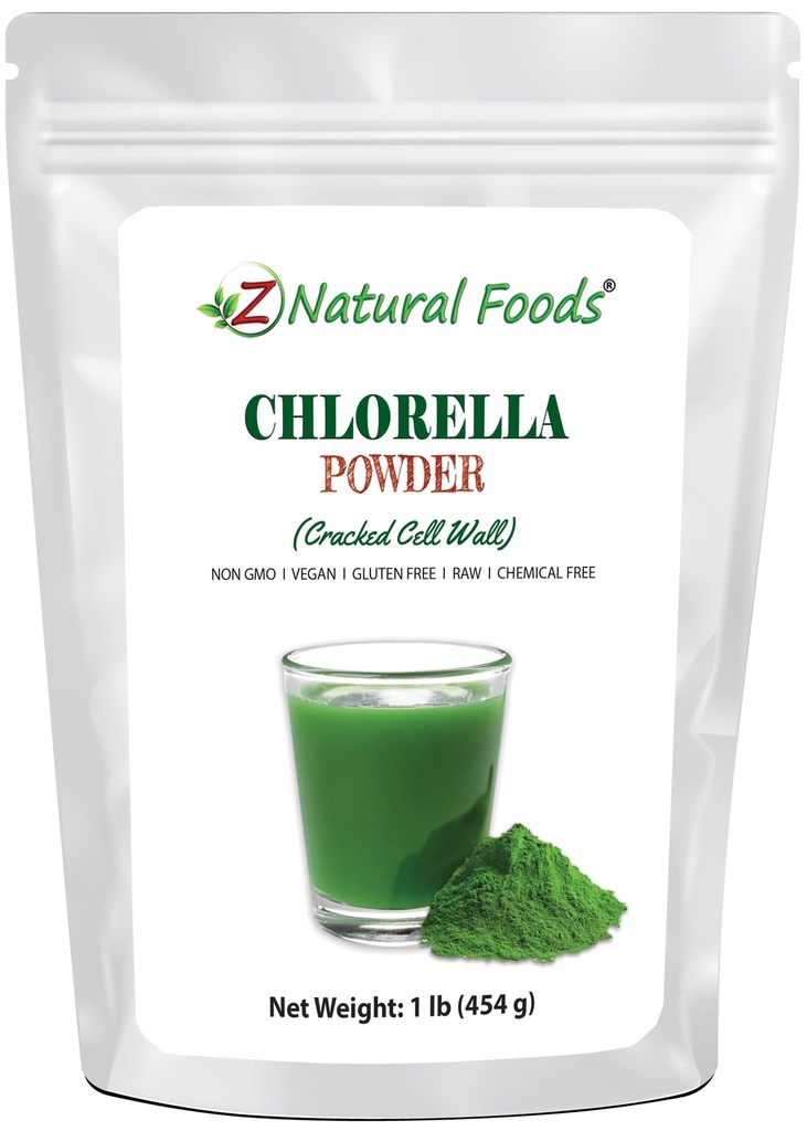 Z Natural Foods Chlorella Powder, Bracked Cell Wall Plant Protein, Blue Green Algae Superfood Pounder, Sempurna untuk Smoothies, Minuman, Resep, Raw, Non GMO, Gluten Free, Vegan, 1 lb
