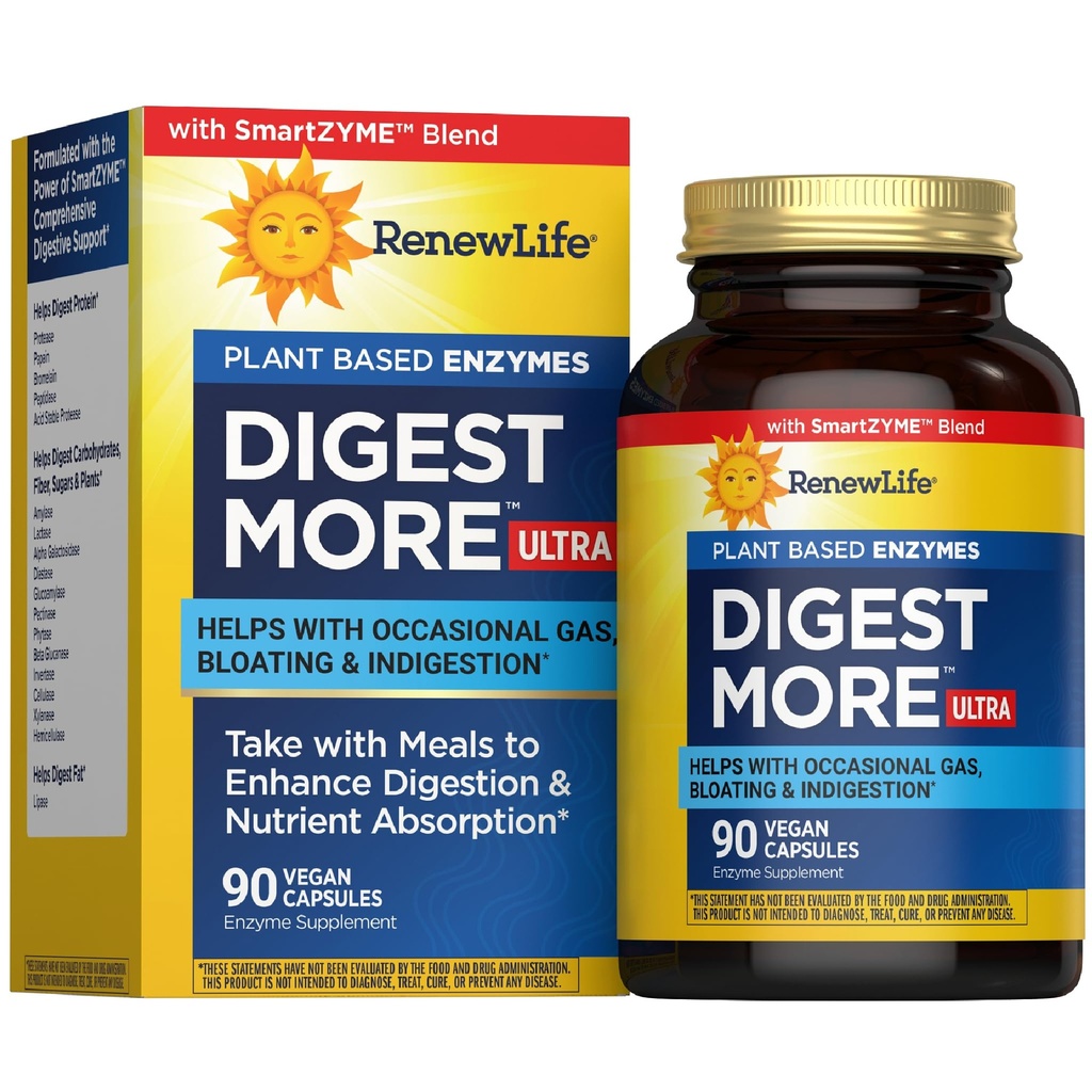 Renew Life Adult DigestMore Ultra Enzymes - Ultra- Power Plant - Based Digetical Enzyme Formula for Men & Women - 90 Vegetarian Kapsul